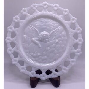 Vintage Westmoreland Milk Glass Cherub Cupid Angel Lace Edge Translucent Plate